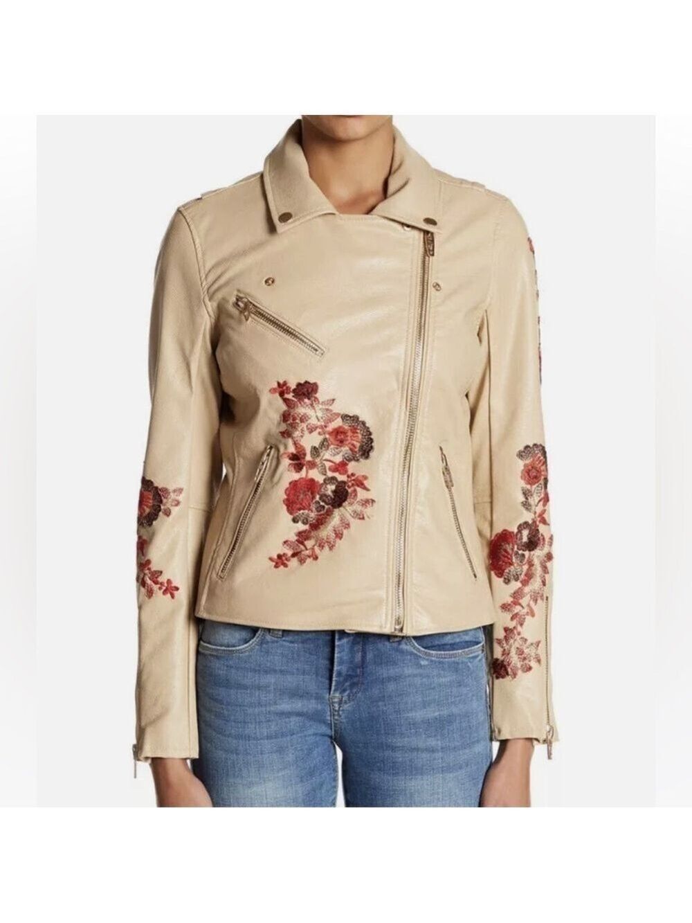 BLANKNYC Anthropologie Women’s Wildflower Faux Leather Vegan Moto Jacket Tan XS
